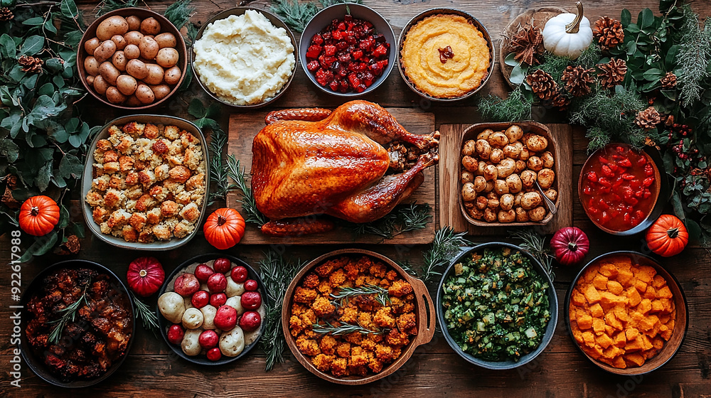 Flat lay photo, traditional thanksgiving dinner, food photo of bowls filled with thanks giving meal with roast turkey and other foods on a wooden table Flat lay photo, traditional thanksgiving dinner, food photo of bowls filled with thanks giving meal with roast turkey and other foods on a wooden table