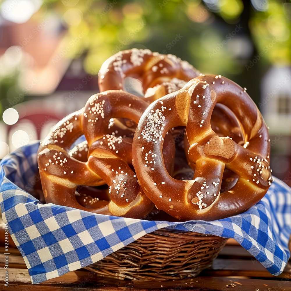 Basket of Salted Pretzels on Checkered Cloth at Oktoberfest