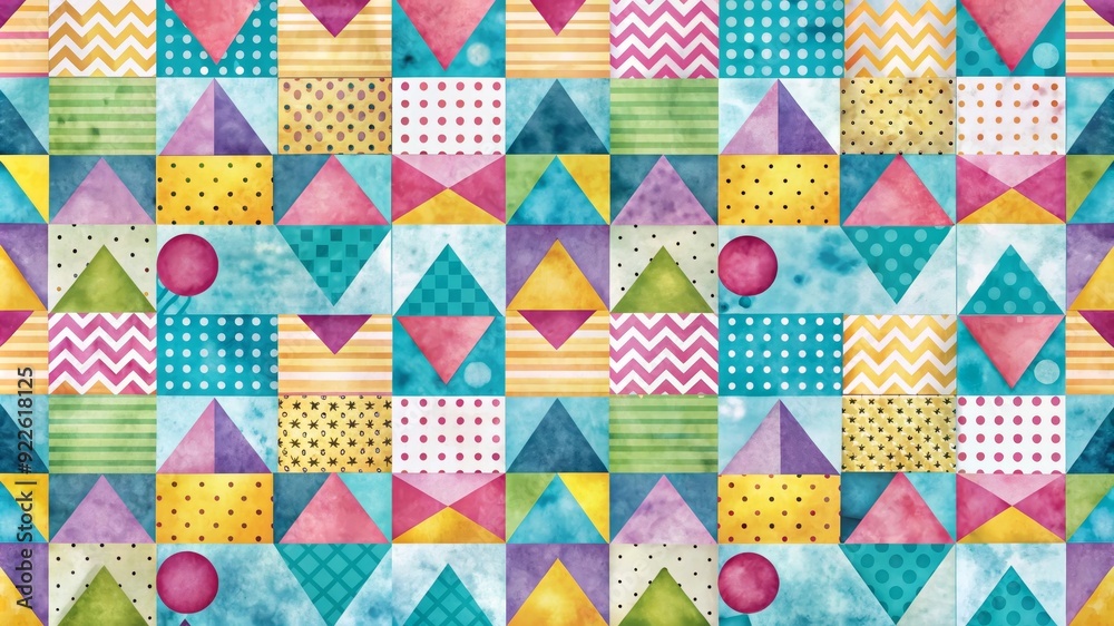 A vibrant and playful watercolor pattern featuring geometric shapes like squares, triangles, and circles. The pattern is perfect for adding a touch of whimsy and color to any project.