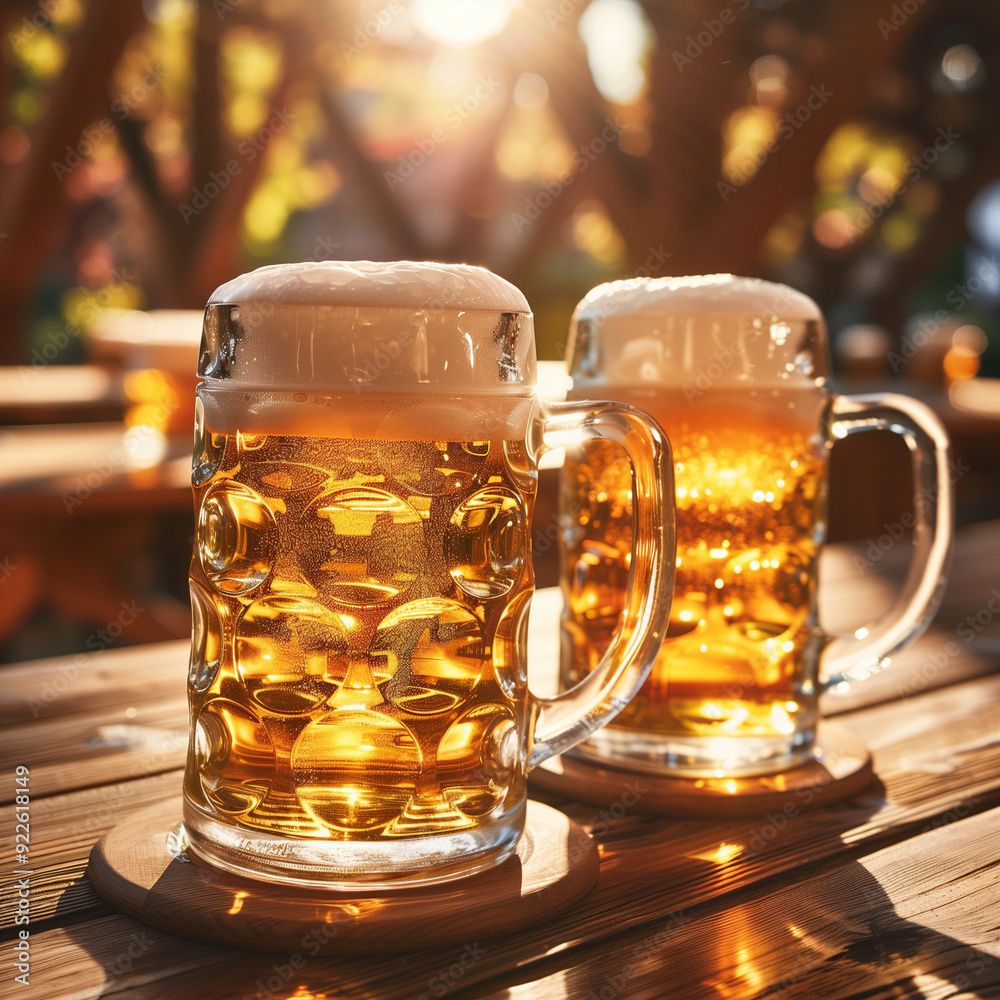Golden Beer Mugs on Wooden Table During Oktoberfest at Sunset