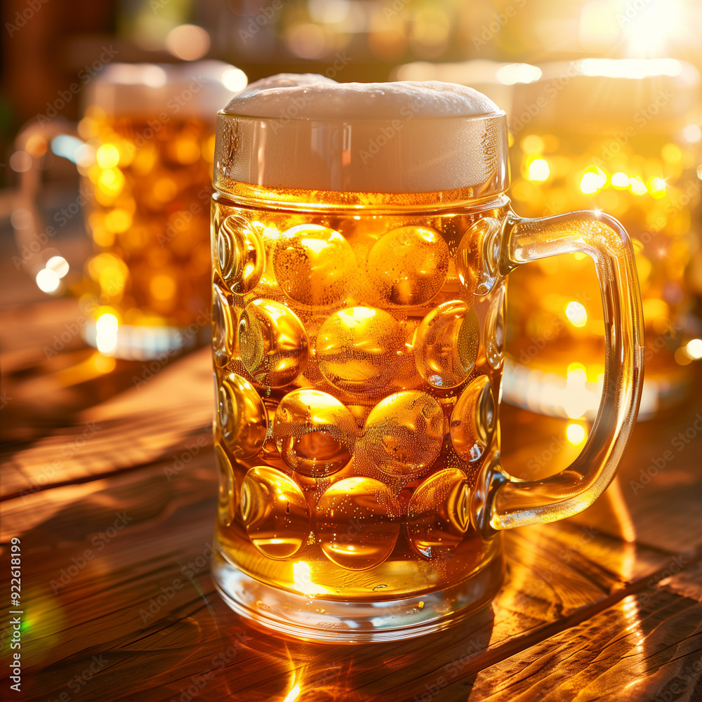 Golden Beer Mugs on Wooden Table During Oktoberfest at Sunset Golden Beer Mugs on Wooden Table During Oktoberfest at Sunset