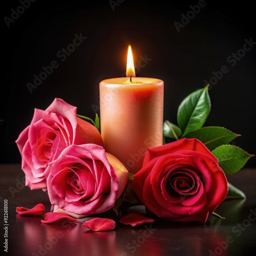 Light pink and red roses beside a lit candle on a dark table setting. Generative AI