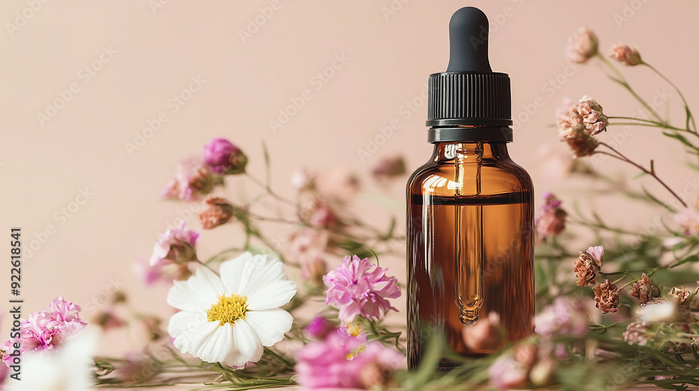 Amber glass bottle with dropper with essential oil. Flowers on pink background. Organic cosmetics spa wellness face skin care concept Amber glass bottle with dropper with essential oil. Flowers on pink background. Organic cosmetics spa wellness face skin care concept
