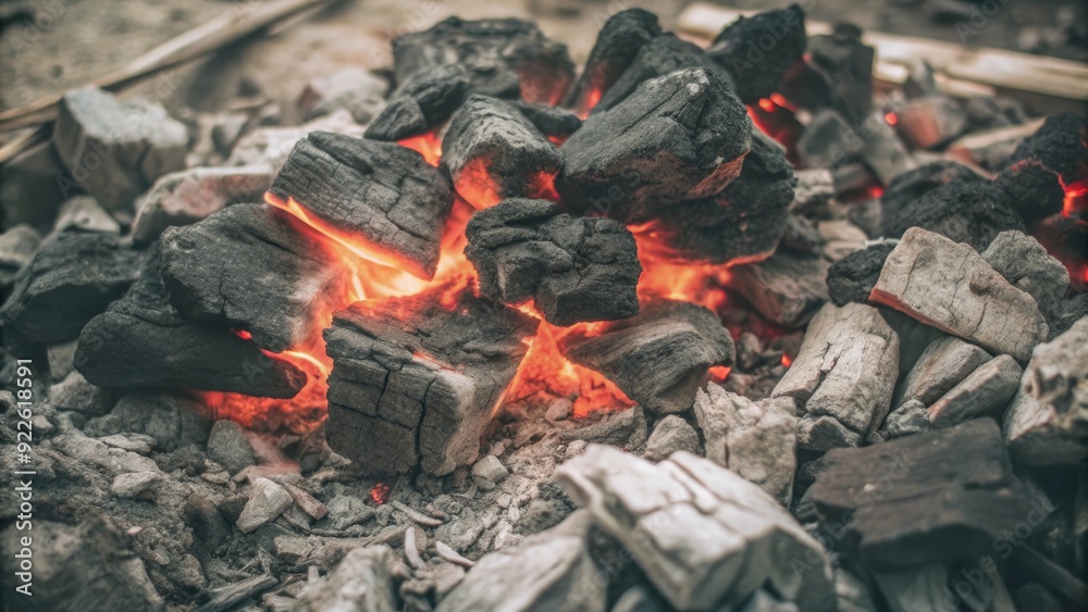 Close-up shot of burning charcoal briquettes with glowing embers, perfect for grilling and cooking. The red-hot coals symbolize warmth, energy, and the preparation for a delicious meal.