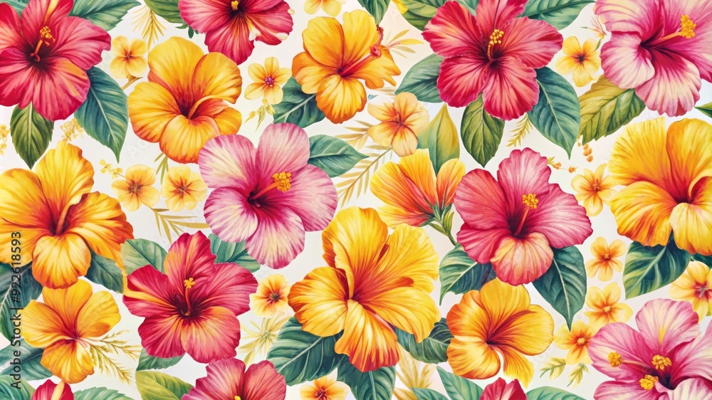 A seamless pattern featuring vibrant red, yellow, and pink hibiscus flowers with lush green foliage on a white background. This design symbolizes tropical beauty, summer vibes, and natural elegance. A seamless pattern featuring vibrant red, yellow, and pink hibiscus flowers with lush green foliage on a white background. This design symbolizes tropical beauty, summer vibes, and natural elegance.