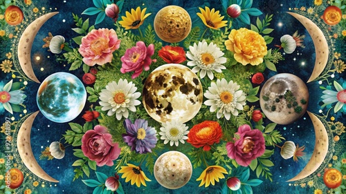 Fototapeta Naklejka Na Ścianę i Meble -  A captivating image where blooming flowers intertwine with celestial moon phases, symbolizing growth, beauty, and the cyclical nature of life.