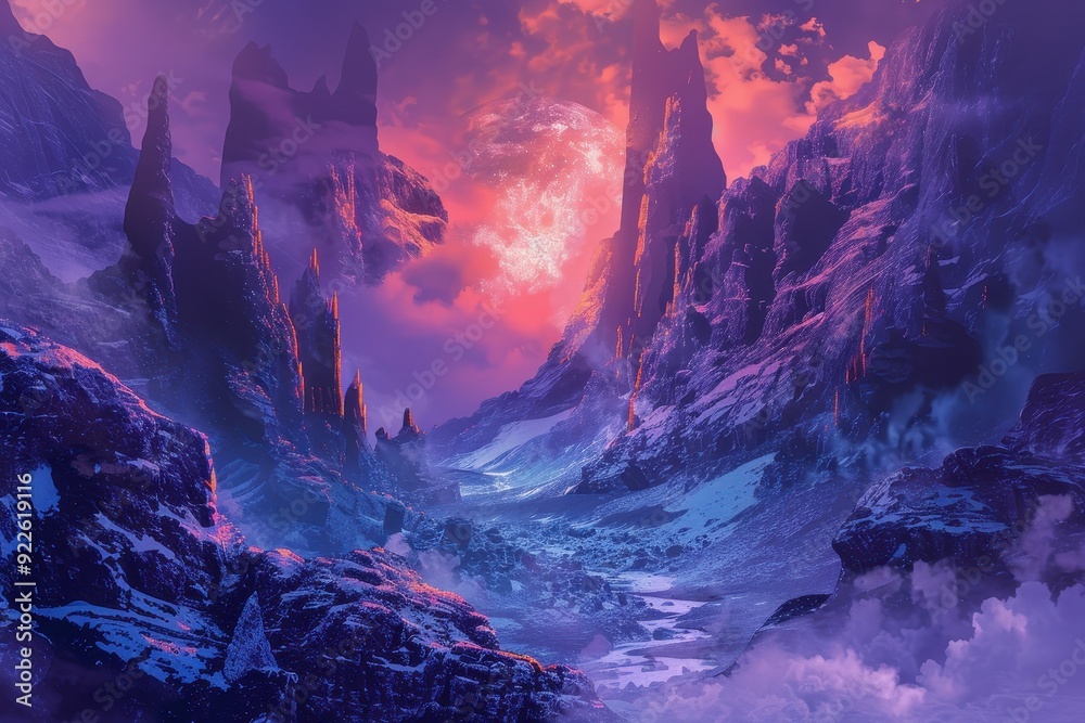 A Fantasy Landscape with Purple Mountains and a Red Moon A Fantasy Landscape with Purple Mountains and a Red Moon