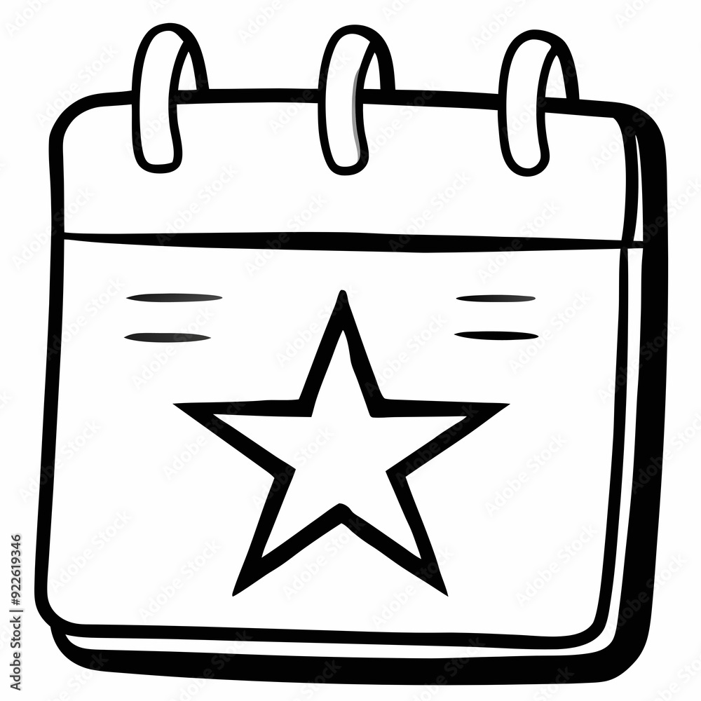 Black and white calendar icon with star, simple line art Black and white calendar icon with star, simple line art