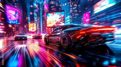 Image of fast cars race through neon-lit city street.