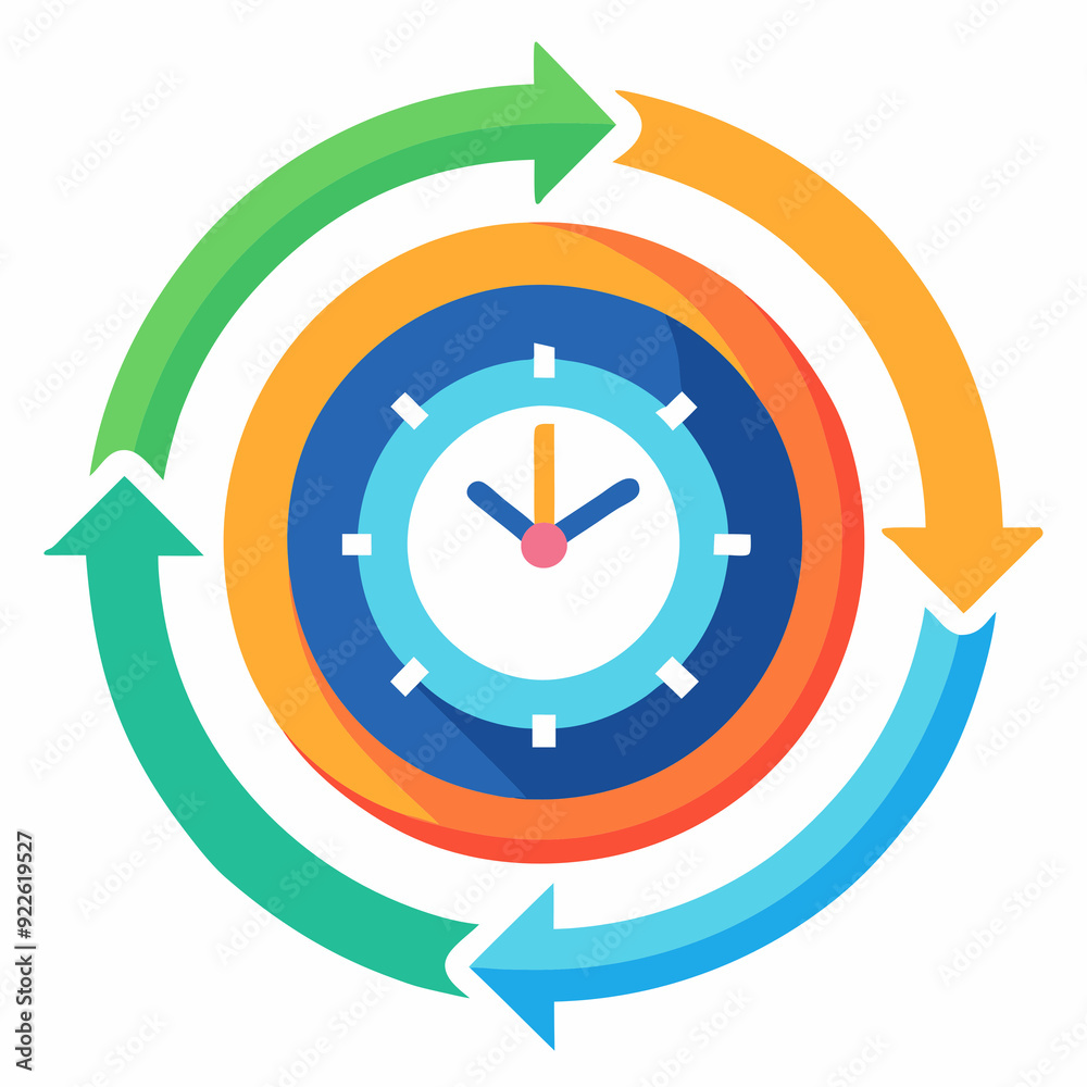 Clock and arrows symbolizing time management and workflow cycle