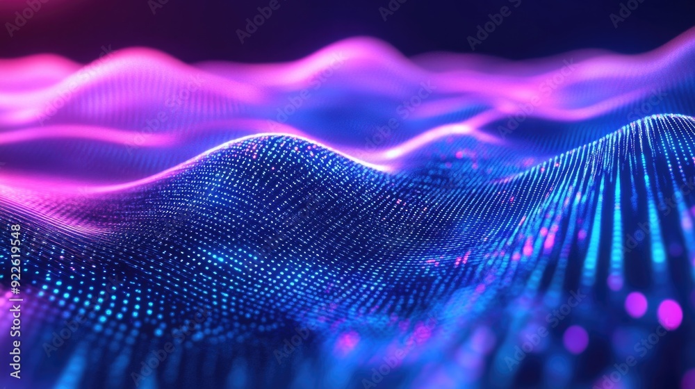 Futuristic wave of dots with moving particles. Abstract technology background. 3D visualization of big data. 3D. Futuristic wave of dots with moving particles. Abstract technology background. 3D visualization of big data. 3D.