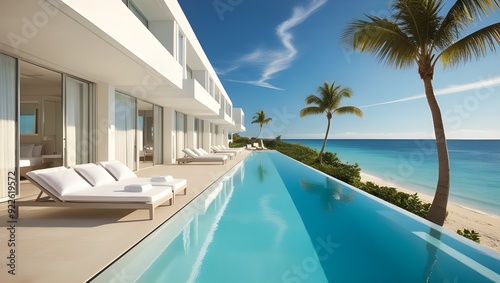 Luxurious beach house with a pool surrounded by palm trees, perfect for a tropical getaway or vacation retreat.