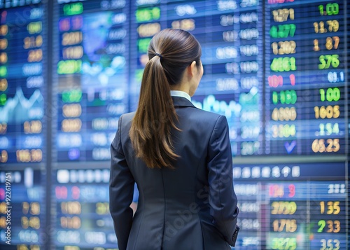 Businesswoman Analyzing Stock Market Data on Large Digital Display, Focused on Financial Trends and Corporate Investments