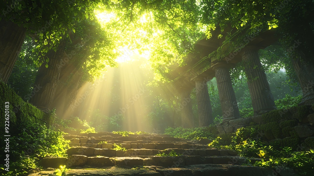 Obraz premium Sunlight beams through a lush forest, illuminating a stone staircase leading into the unknown.