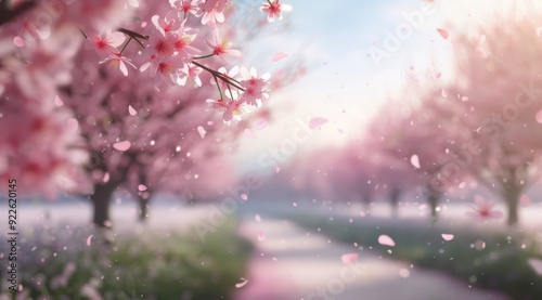 Cherry Blossom Pathway in Springtime With Petals Falling in the Breeze