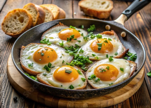 Luxurious fried eggs on bread with herbs served in a rustic kitchen setting. Generative AI