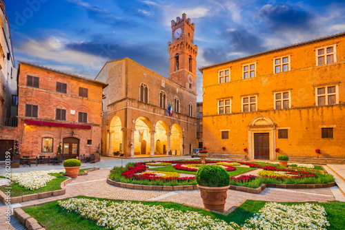 Pienza, Italy. Beautiful Piazza Pio II square in morning light, charming small city in historical Tuscany.