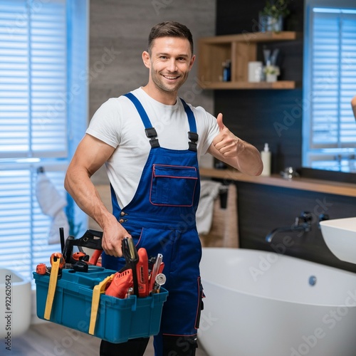 Skilled Plumber with Tools Giving Thumbs-Up at Your Home for Expert Plumbing Services, Reliable Plumber Showing Thumbs-Up with Tools: Home Plumbing Solutions You Can Trust, Certified Plumber with Tool photo