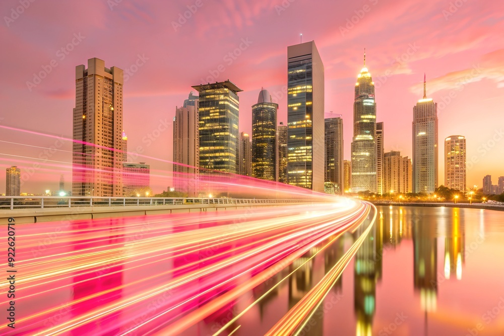 Obraz premium A stunning cityscape with pink and purple skies during sunset, with vibrant light trails reflecting on the water, showcasing a serene yet dynamic urban environment