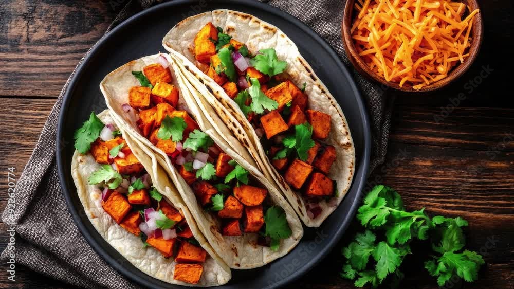 Zooming over Delicious Sweet Potato Tacos with Cheese and Salsa on a Wooden Table Zooming over Delicious Sweet Potato Tacos with Cheese and Salsa on a Wooden Table