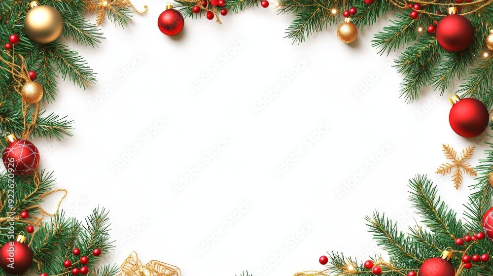 A decorative Christmas border featuring pine branches, ornaments, and festive elements. A decorative Christmas border featuring pine branches, ornaments, and festive elements.