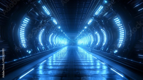 Image of futuristic Sci-Fi corridor with glowing blue lights.