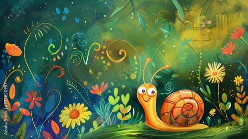 A cartoonish drawing of a happy, smiling snail sitting on a green leafy field. The scene is filled with colorful flowers and leaves, creating a cheerful and whimsical atmosphere
