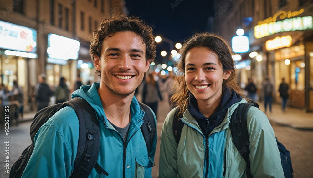 Casal de mochileiros viajantes sorridentes usando mochila Casal de mochileiros viajantes sorridentes usando mochila