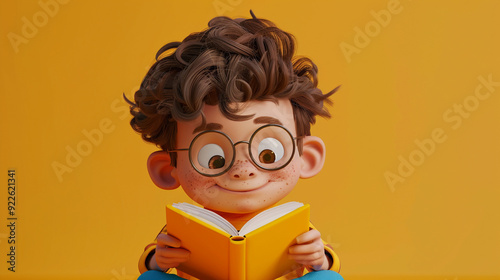 A kid looking content while reading a book. Animated character, C4D model rendering, 3D rendering - Generative AI