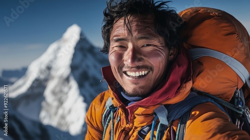 An awe-inspiring photograph of a smiling climber at the peak, with a snow-covered mountain in the background.