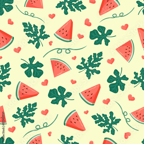 Watermelon seamless pattern with watermelon slices, leaves, flowers and hearts. Summer fruit vector illustration. Tropical background for baby fabric, kids textile, packaging, wrapping, scrapbook.