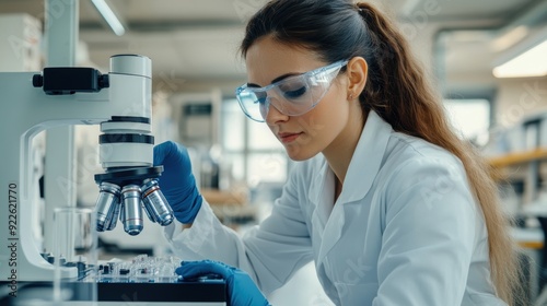 A focused lab technician peers into a microscope in a bright, modern laboratory, symbolizing scientific inquiry and progress.