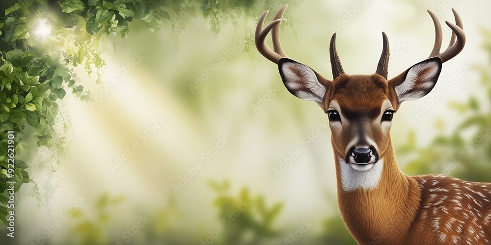 Fototapeta premium White Tailed deer fawn stands In wonderful Forest background With Colorful Ray