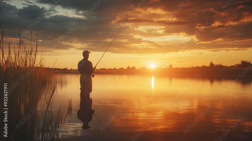 A man stands waist-deep in calm water, fishing at sunset, encapsulating a moment of solitude and connection with nature. A man stands waist-deep in calm water, fishing at sunset, encapsulating a moment of solitude and connection with nature.
