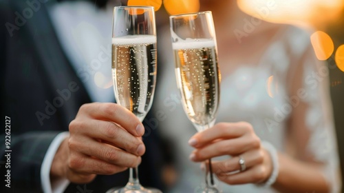 Couple Toasting With Champagne and Bouquet at Outdoor Wedding Ceremony