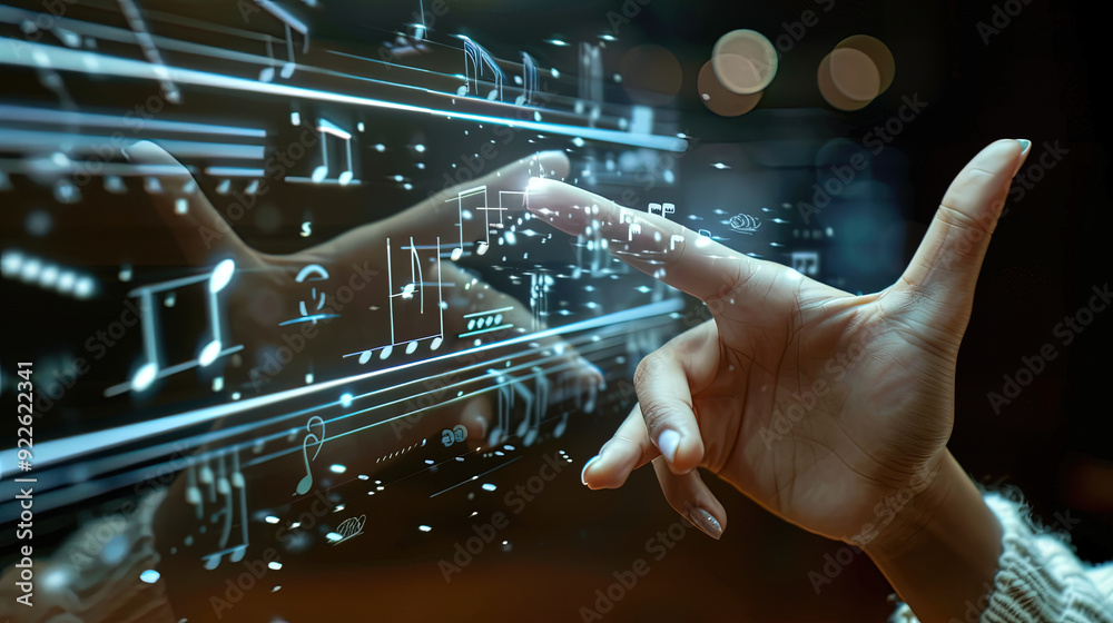 Fototapeta premium A hand reaches out to manipulate floating musical notes in a dark, tech-savvy environment