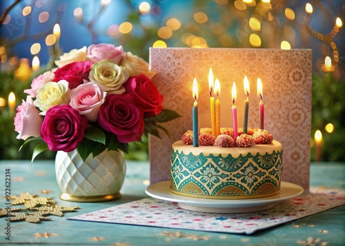 Celebrate a beautiful birthday with cake, candles, and vibrant flowers. Generative AI photo