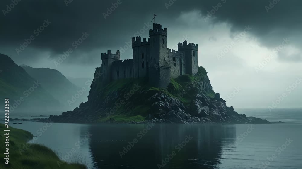 A solitary castle shrouded in mist stands guard over a tranquil lake under a stormy sky at twilight A solitary castle shrouded in mist stands guard over a tranquil lake under a stormy sky at twilight