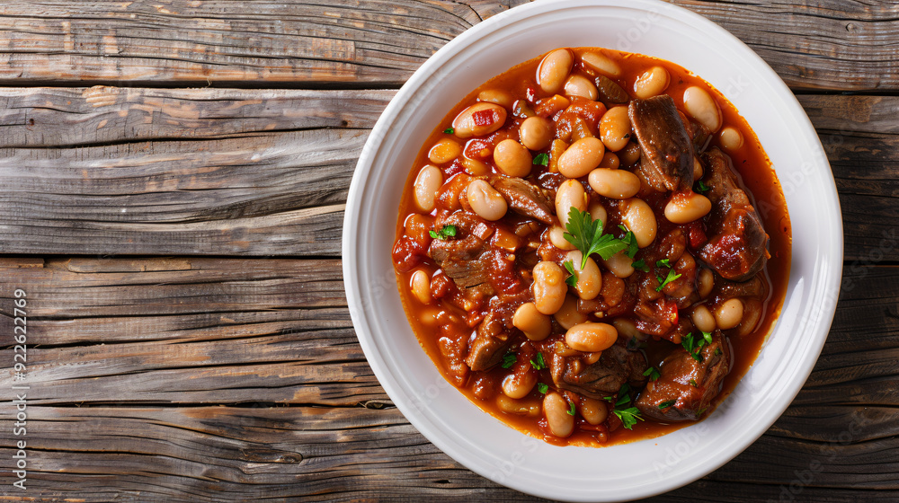 White plate with stewed beans and beef in tomato sauce photographed from above on rustic wooden table White plate with stewed beans and beef in tomato sauce photographed from above on rustic wooden table