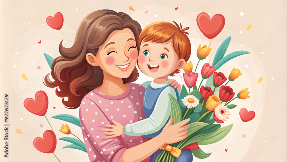 Concept of mothers day Illustration postcard, love mom and child Concept of mothers day Illustration postcard, love mom and child