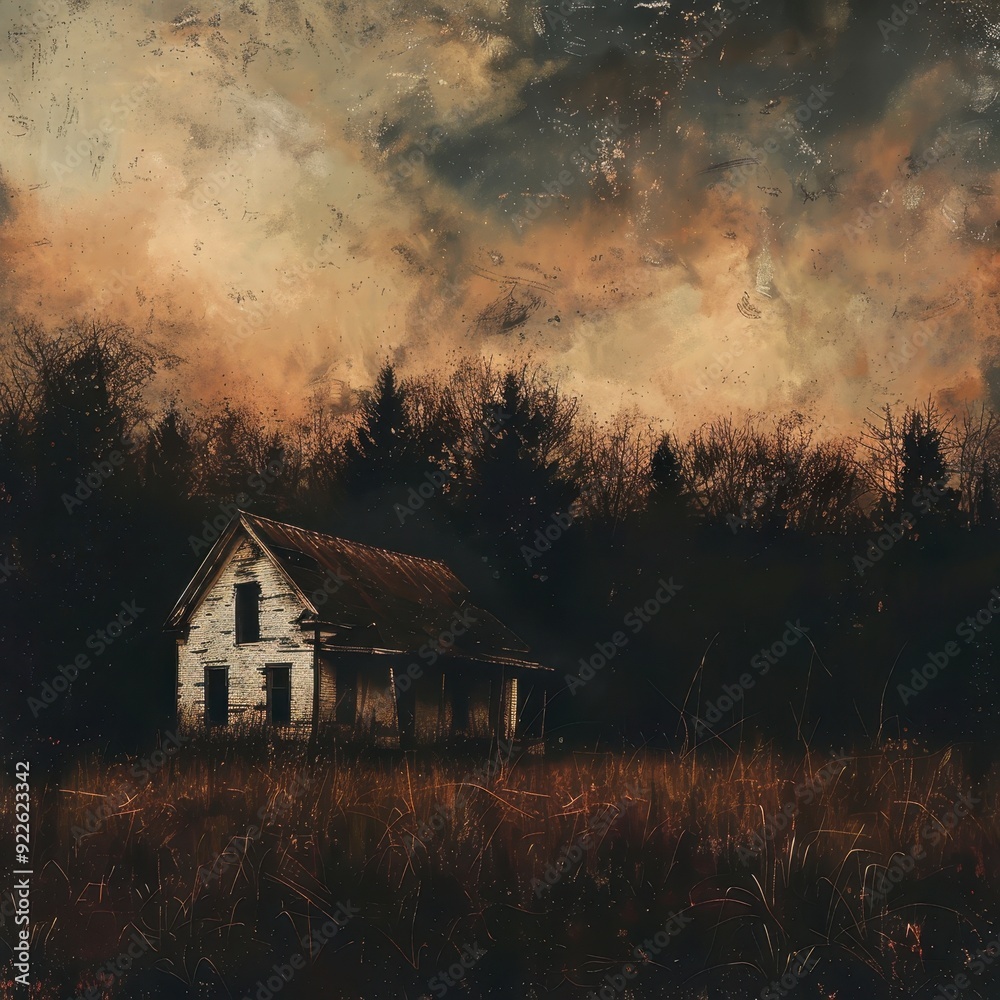 A weathered house stands alone in a field of tall grass under a cloudy sky A weathered house stands alone in a field of tall grass under a cloudy sky