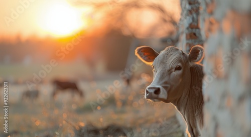 Young Cow Observing Sunset in Rural Farm Setting