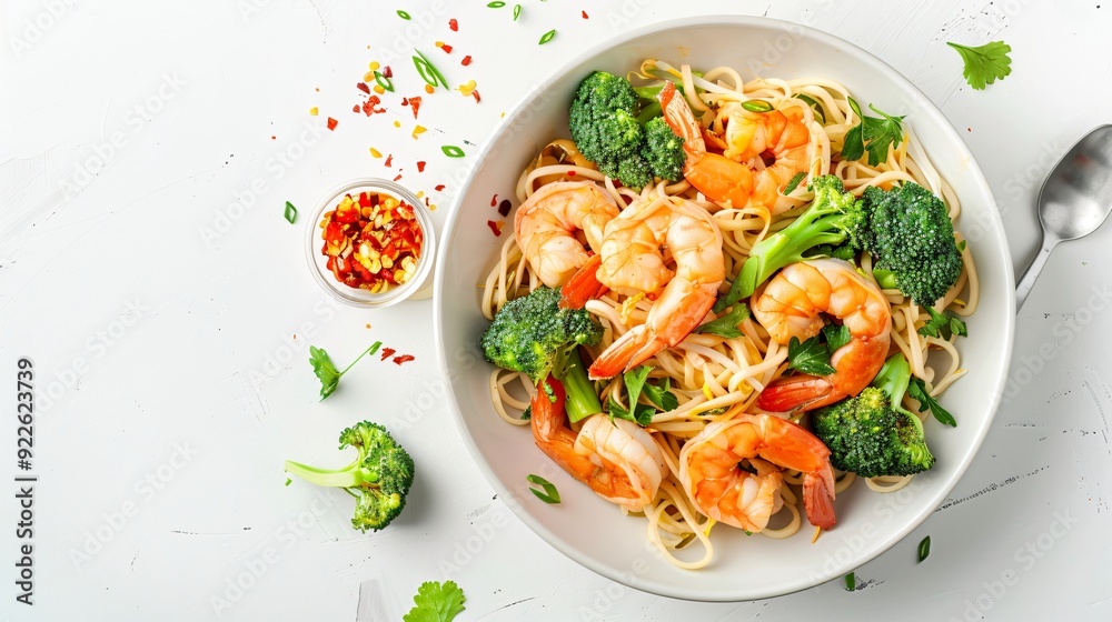 Noodles with shrimps and broccoli, top view on white background. Generative AI Noodles with shrimps and broccoli, top view on white background. Generative AI