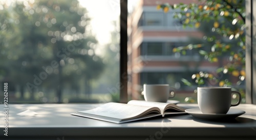 Morning Light Illuminates Open Book and Coffee Mug by the Window