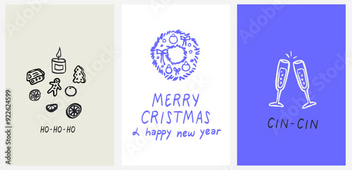 Modern vertical poster placard with ink minimal line elements collection. Christmas dinner charcoal, chalk crayon drawings set. Vector illustrations for new year celebration wall decor or invitation.