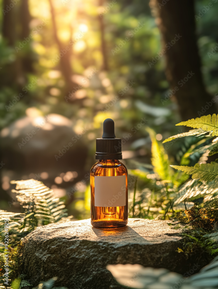A dark glass bottle of essential oil with black cap on a stone podium against sunlit green forest background, bottle white label mockup. A dark glass bottle of essential oil with black cap on a stone podium against sunlit green forest background, bottle white label mockup.