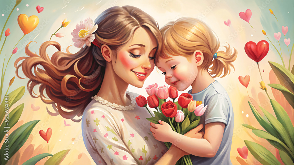 Concept of mothers day Illustration postcard, love mom and child Concept of mothers day Illustration postcard, love mom and child