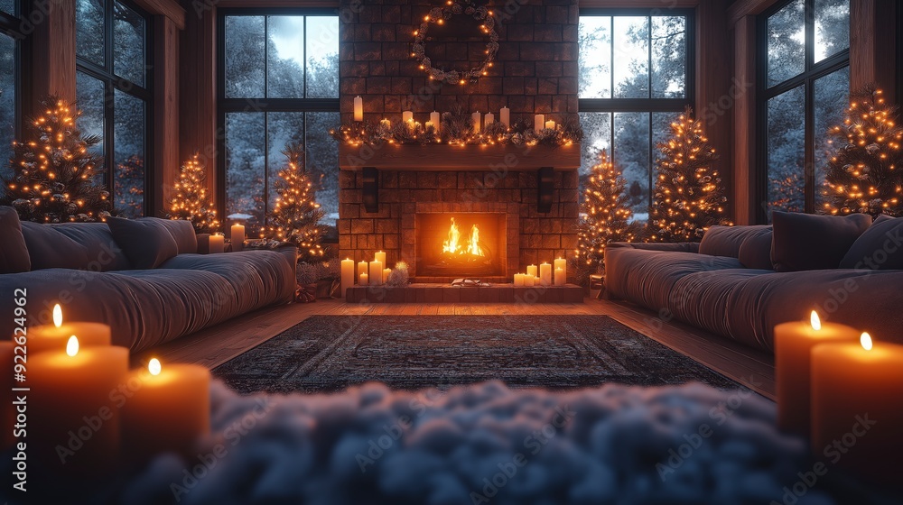 Cozy holiday living room with a fireplace, candles, and Christmas trees. Cozy holiday living room with a fireplace, candles, and Christmas trees.