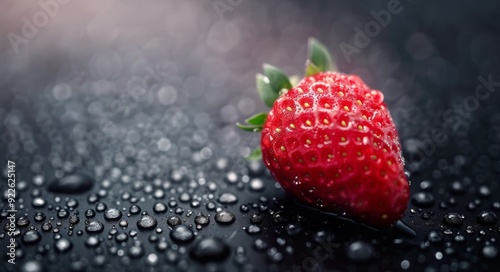 Fresh Red Strawberry With Water Drops on Dark Background