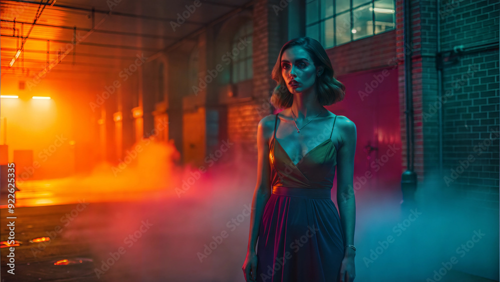 Fototapeta premium Beautiful woman in empty misty warehouse, vibrant colors, wearing dress